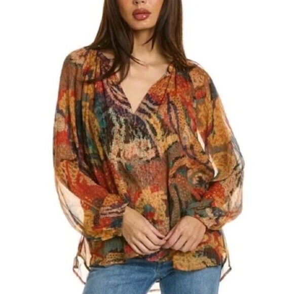 $326 A.L.C. Women Brown Dana Metallic‎ Stripe Long Sleeve Silk Blouse Top Size 4 - Picture 11 of 11